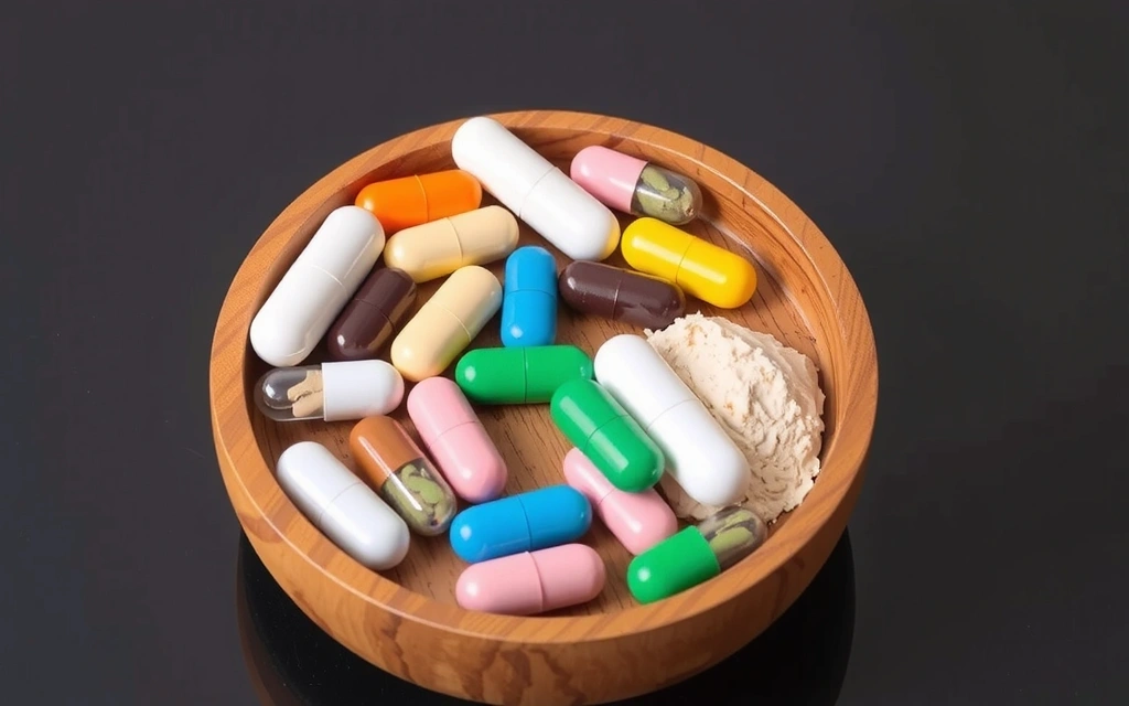 Diverse suplimente alimentare colorate într-un bol de lemn, simbolizând o dietă echilibrată.