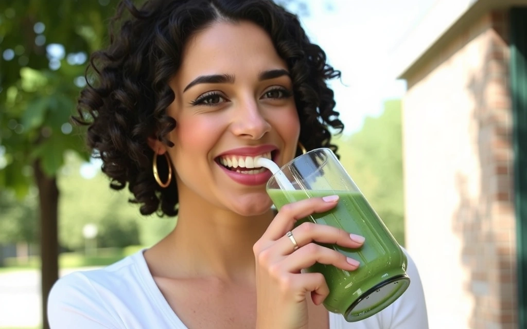Femeie zâmbitoare care bea un smoothie verde, simbolizând vitaminele naturale.