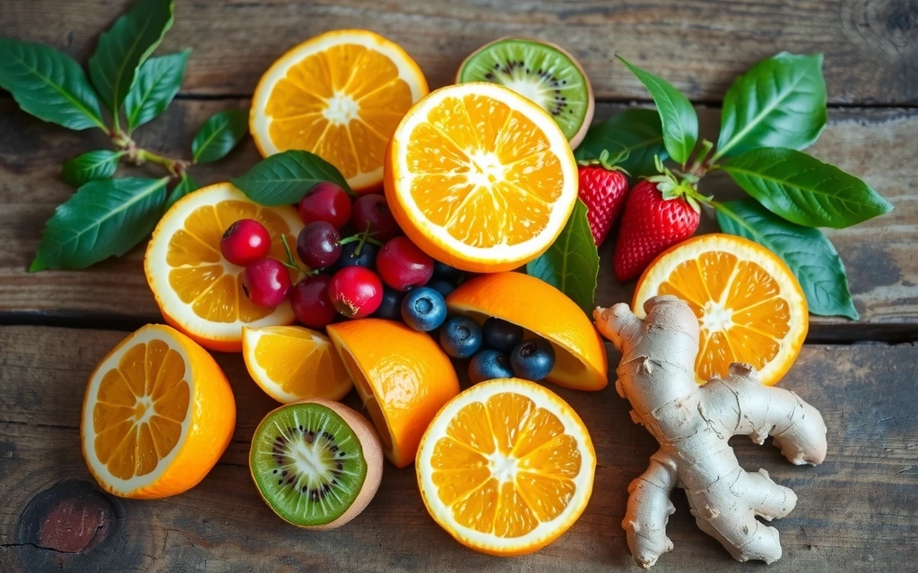 Fructe bogate în vitamina C și plante medicinale pe o masă de lemn, simbol al imunității.