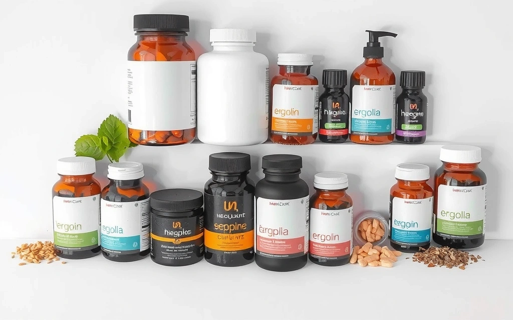 Diverse flacoane cu suplimente alimentare și plante