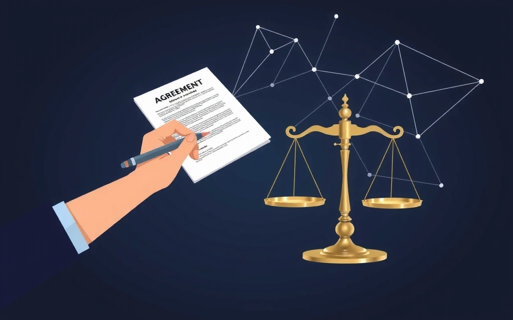 Imagine conceptuală a unui acord legal, cu o mână semnând un document și o balanță a justiției