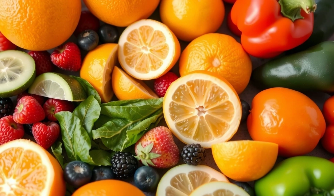 Diverse fructe și legume bogate în vitamine, aranjate artistic.