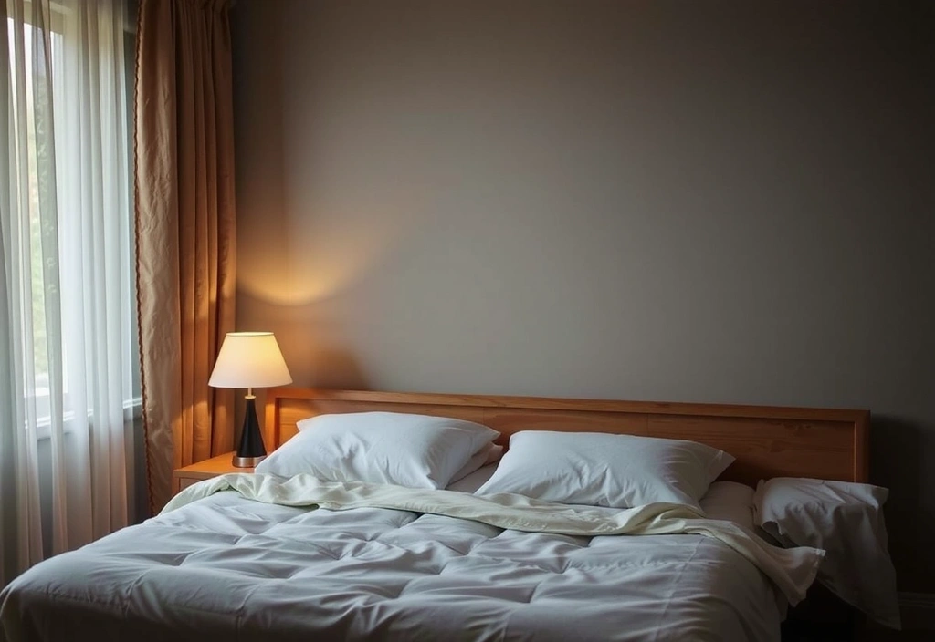 O cameră de dormitor liniștită și întunecată, cu un pat confortabil și lumină ambientală caldă.