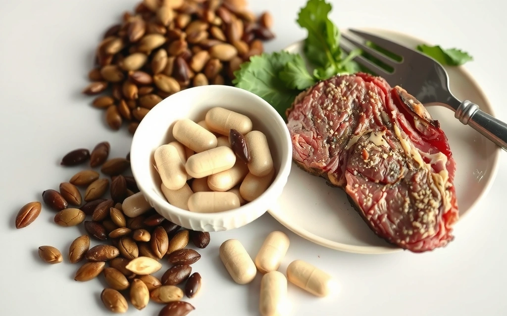 Suplimente de zinc lângă stridii, carne roșie și leguminoase, surse bogate de zinc.