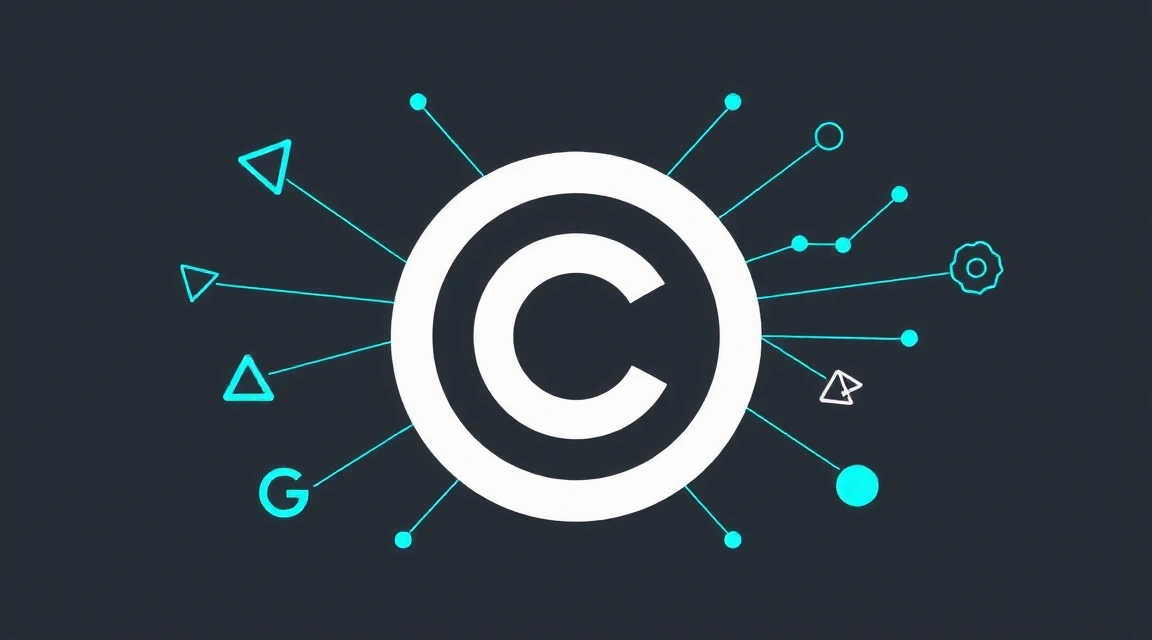 Imagine abstractă reprezentând drepturi de autor și proprietate intelectuală cu simboluri de copyright și mărci înregistrate
