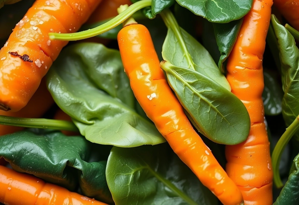 Morcovi proaspeți și frunze de spanac, surse bogate de Vitamina A.