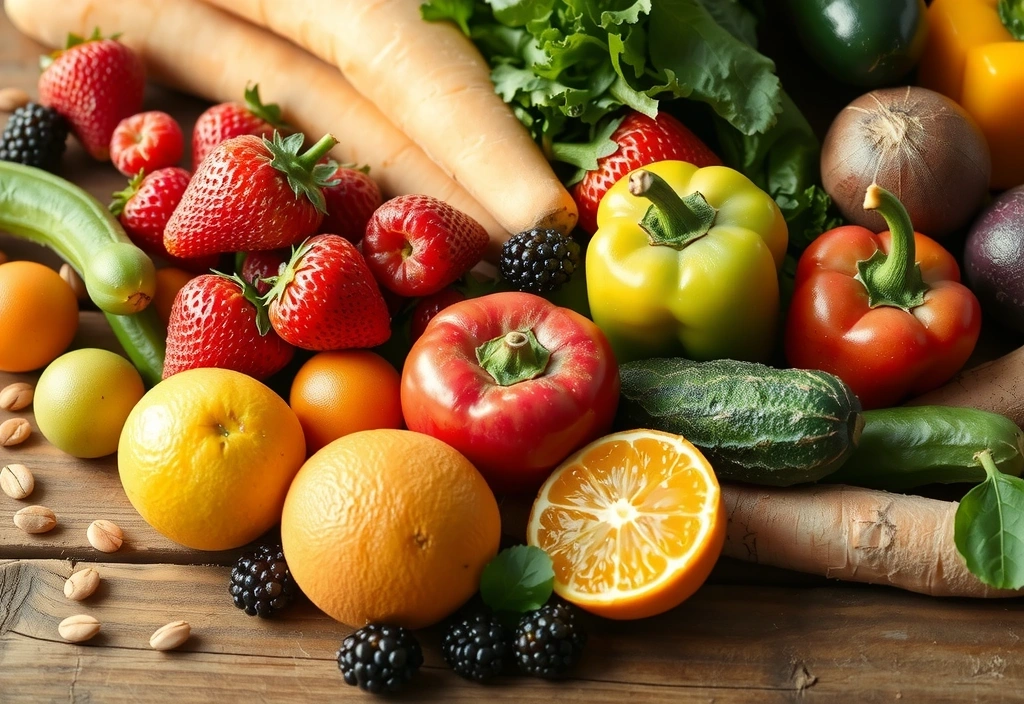 O colecție vibrantă de fructe și legume proaspete, bogate în culori, simbolizând surse naturale de vitamine esențiale.