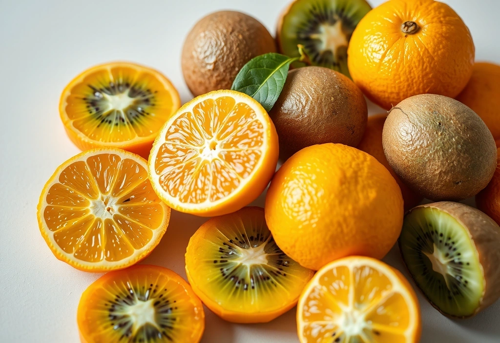 Portocale proaspete și kiwi, bogate în Vitamina C.
